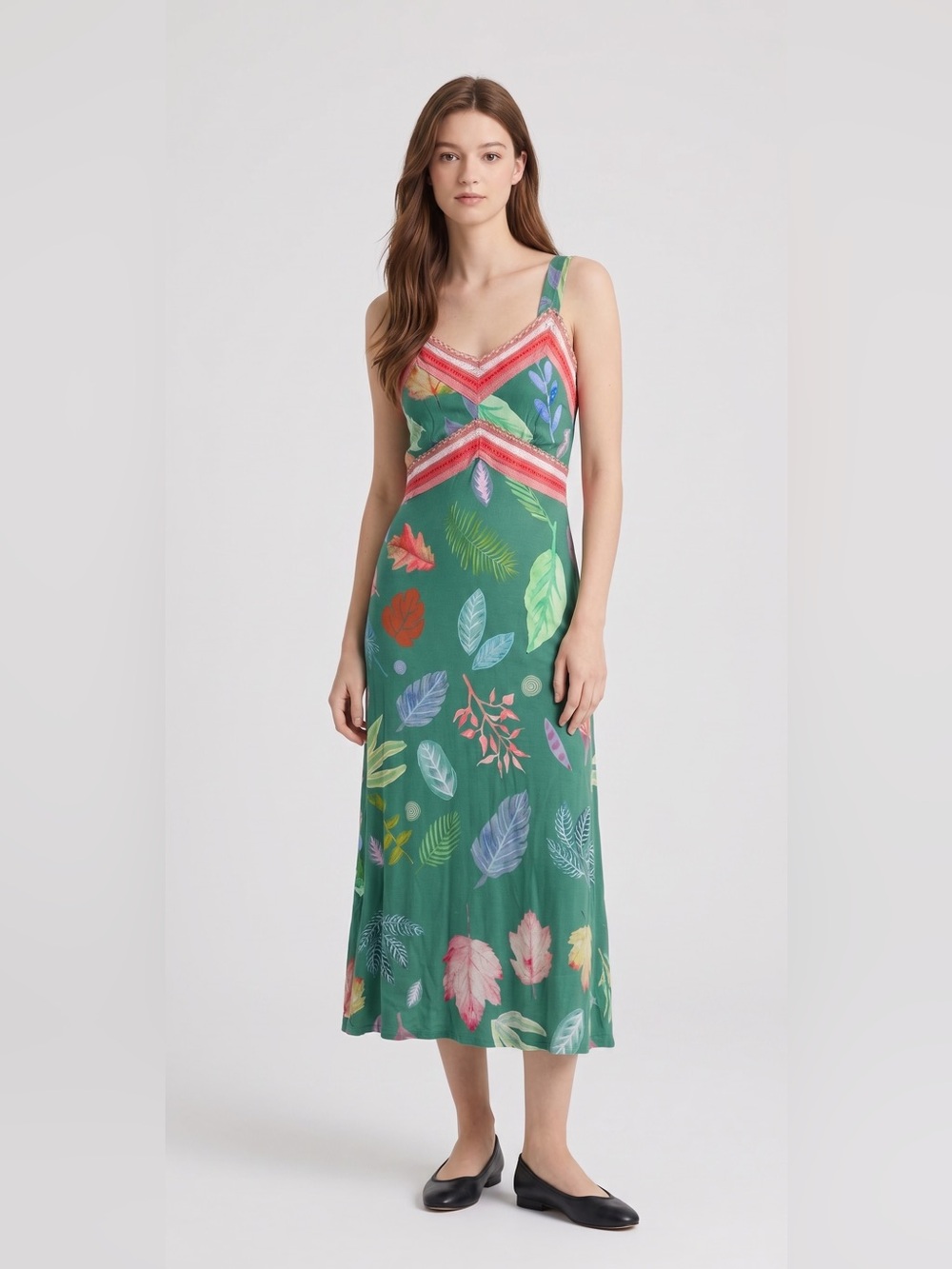 Blank London Green Colorful Tropical Print Embroidered Slip Midi Dress. Festival